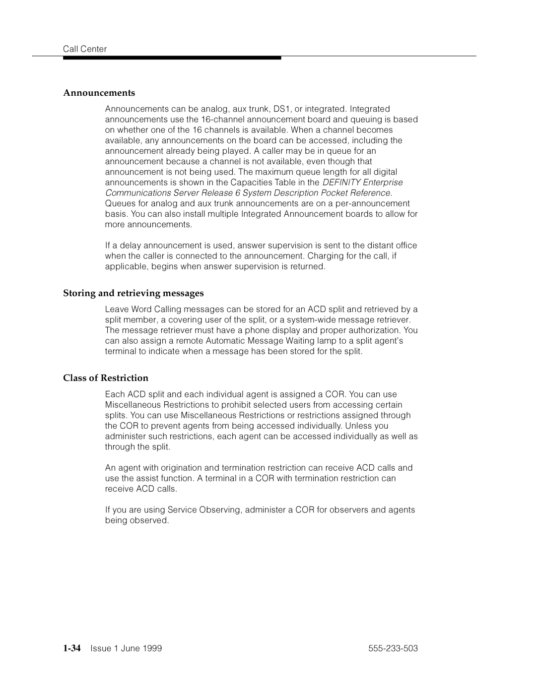 Avaya 555-233-503 manual Announcements, Storing and retrieving messages, Class of Restriction, 34’’¤F˜s˜¤mF˜snnn˜ 