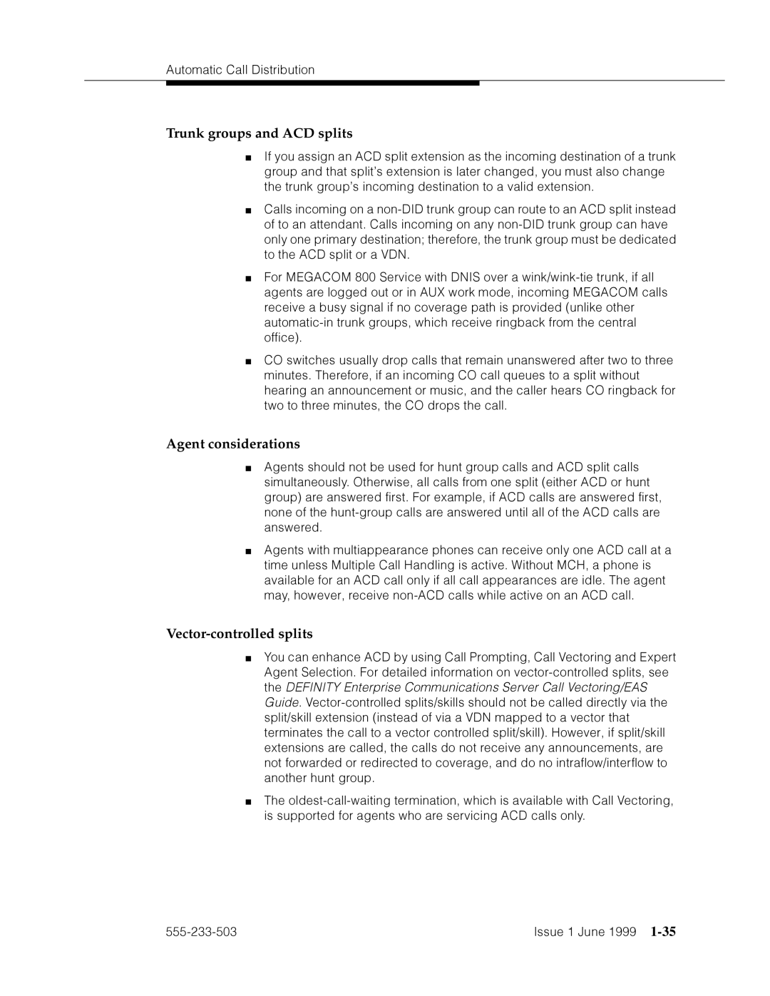 Avaya 555-233-503 manual Trunk groups and ACD splits, Agent considerations, Vector-controlled splits 