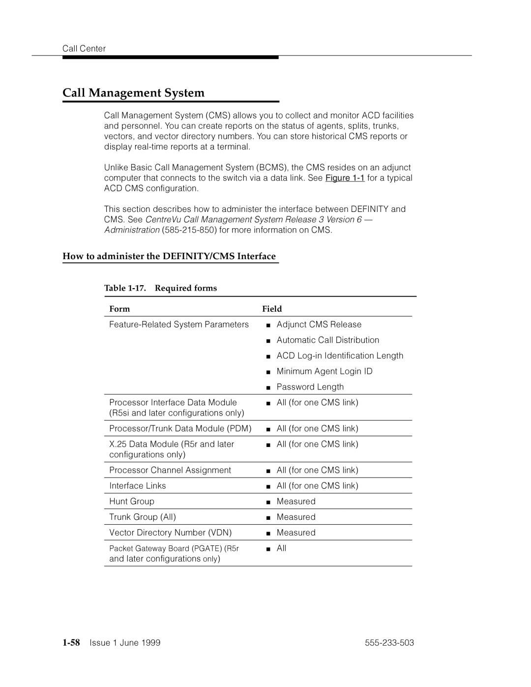 Avaya 555-233-503 manual Call Management System, How to administer the DEFINITY/CMS Interface, Required forms Form Field 