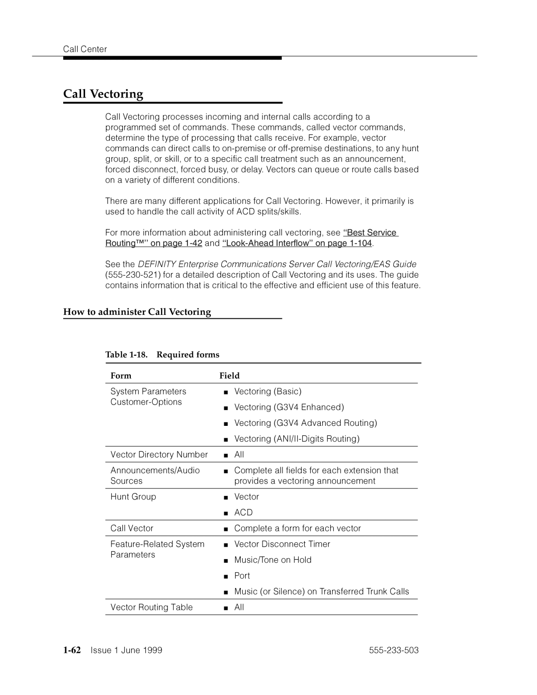 Avaya 555-233-503 manual How to administer Call Vectoring, Required forms Form Field, 62’’¤F˜s˜¤mF˜snnn˜ 