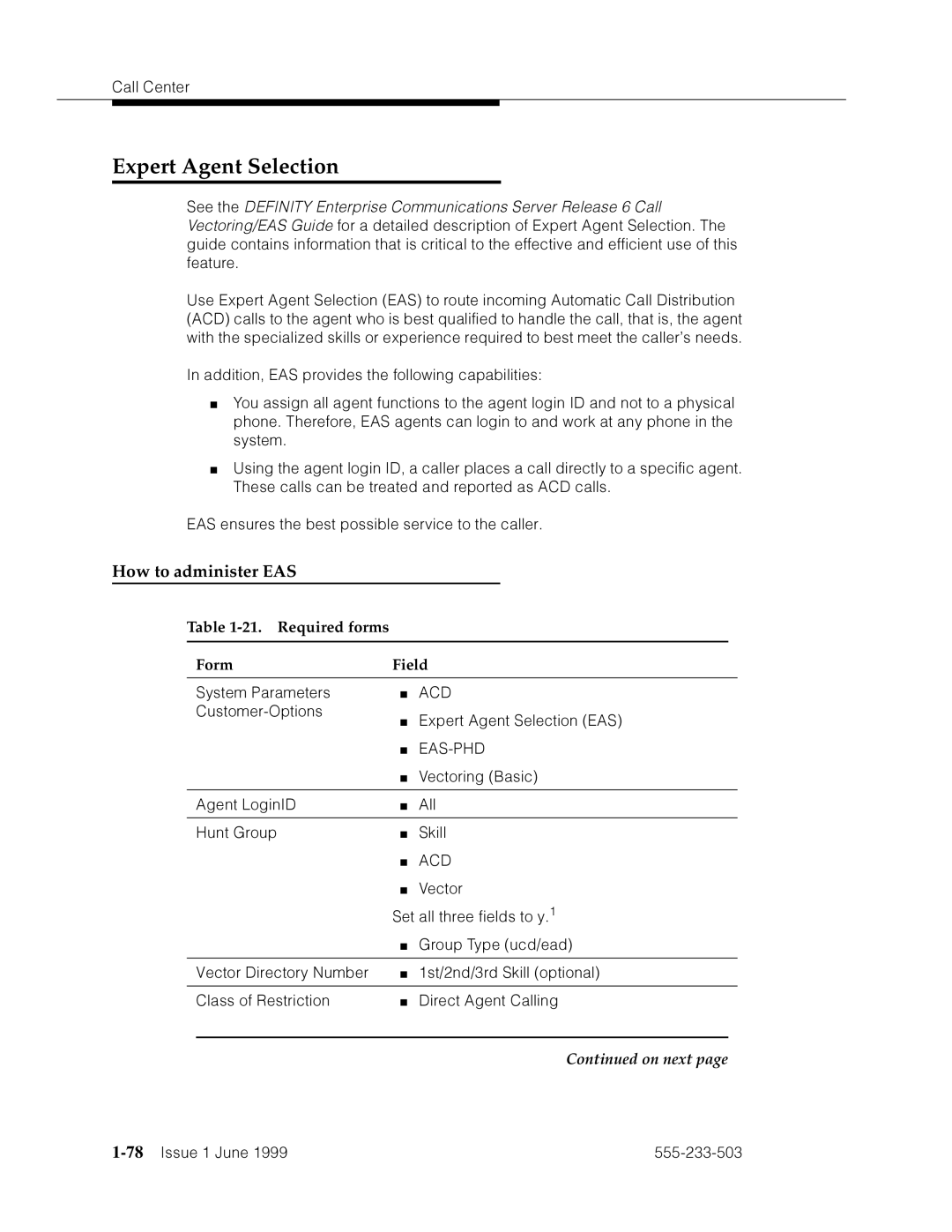 Avaya 555-233-503 manual Expert Agent Selection, How to administer EAS, Required forms Form Field, 78’’¤F˜s˜¤mF˜snnn˜ 