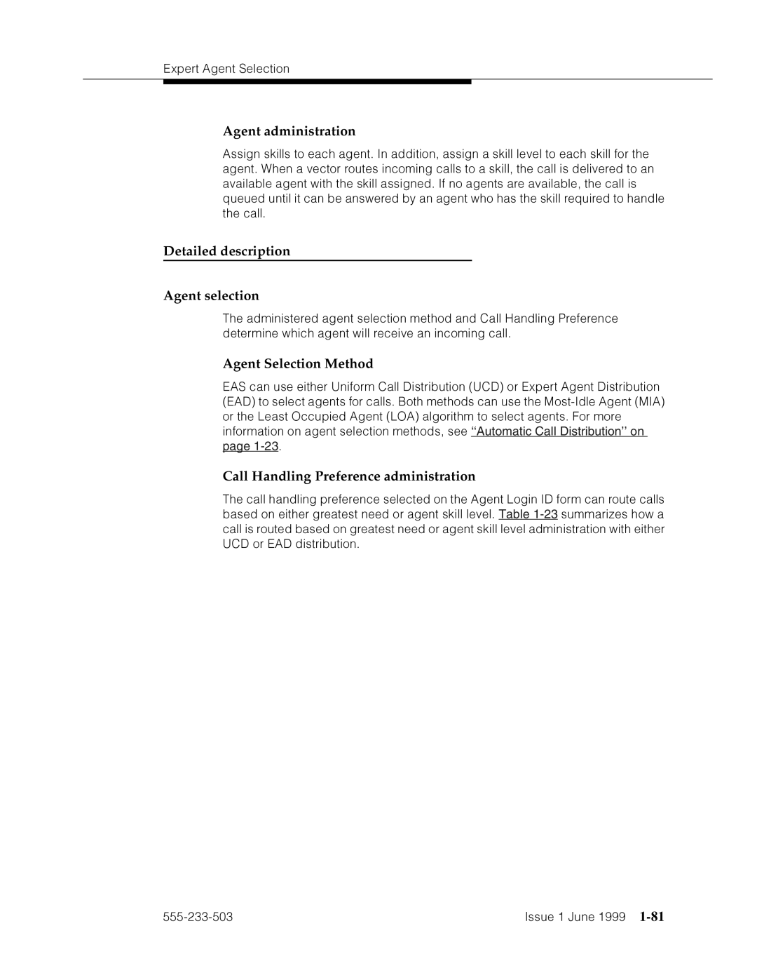 Avaya 555-233-503 manual Agent administration, Detailed description Agent selection, Agent Selection Method 