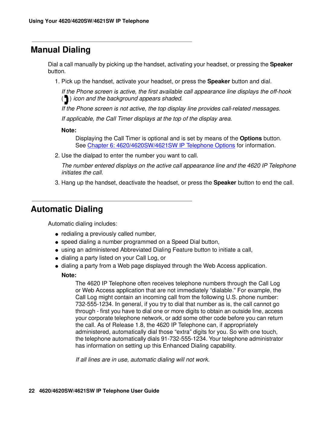 Avaya 555-233-781 manual Manual Dialing, Automatic Dialing, If all lines are in use, automatic dialing will not work 