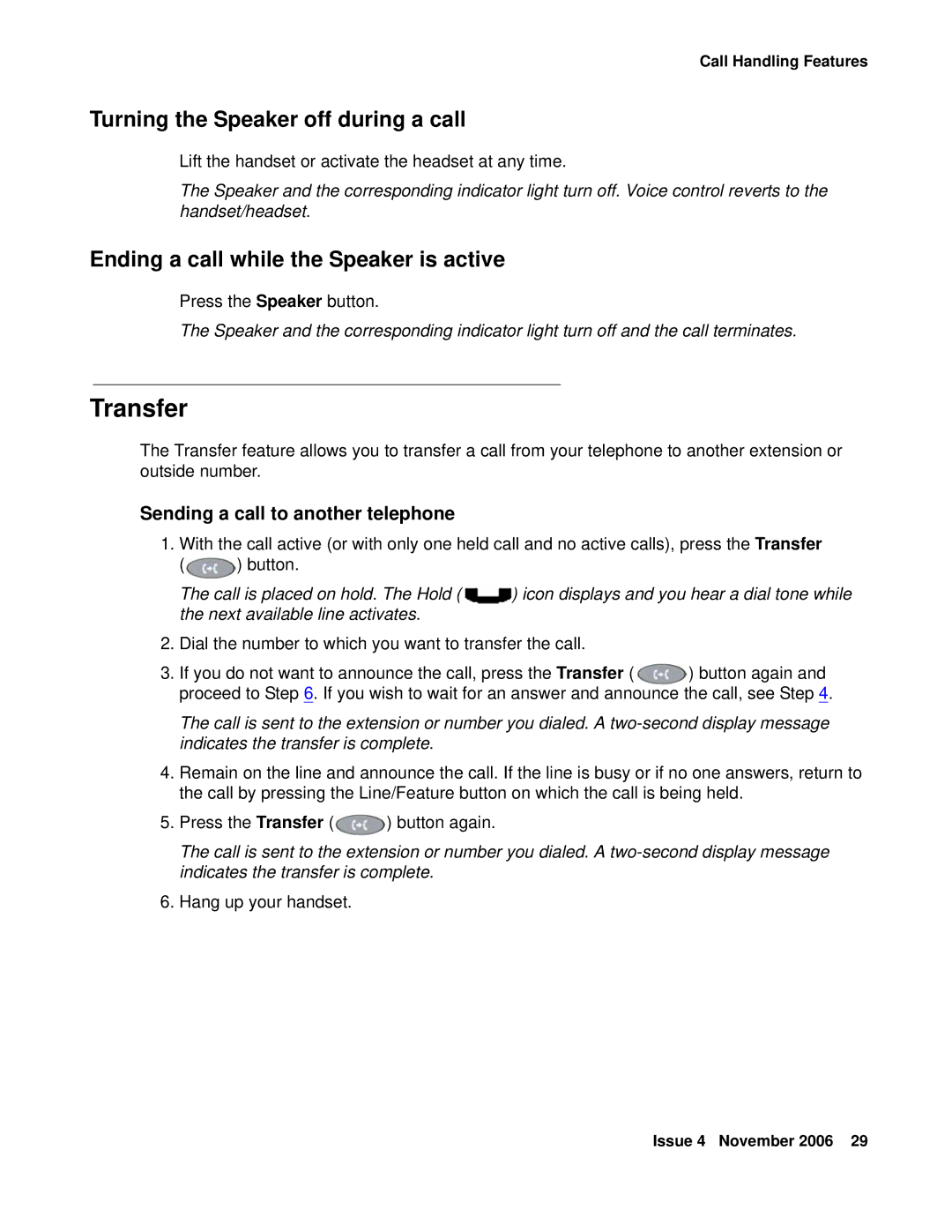 Avaya 555-233-781 manual Transfer, Turning the Speaker off during a call 