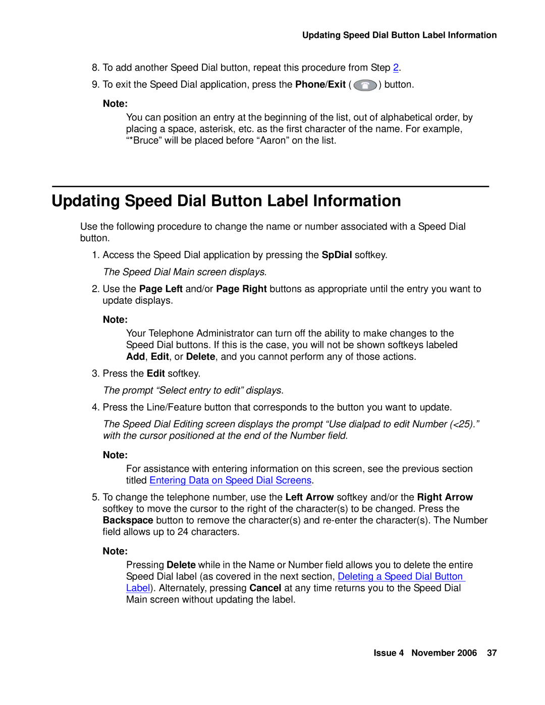 Avaya 555-233-781 manual Updating Speed Dial Button Label Information, Prompt Select entry to edit displays 