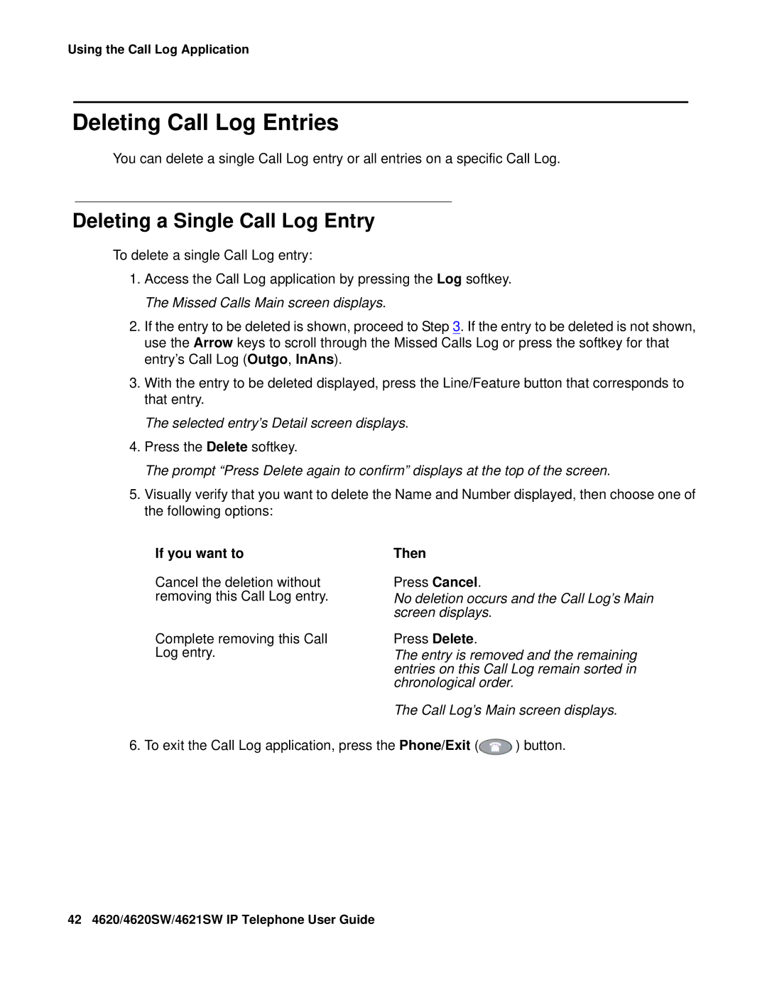 Avaya 555-233-781 Deleting Call Log Entries, Deleting a Single Call Log Entry, Selected entry’s Detail screen displays 