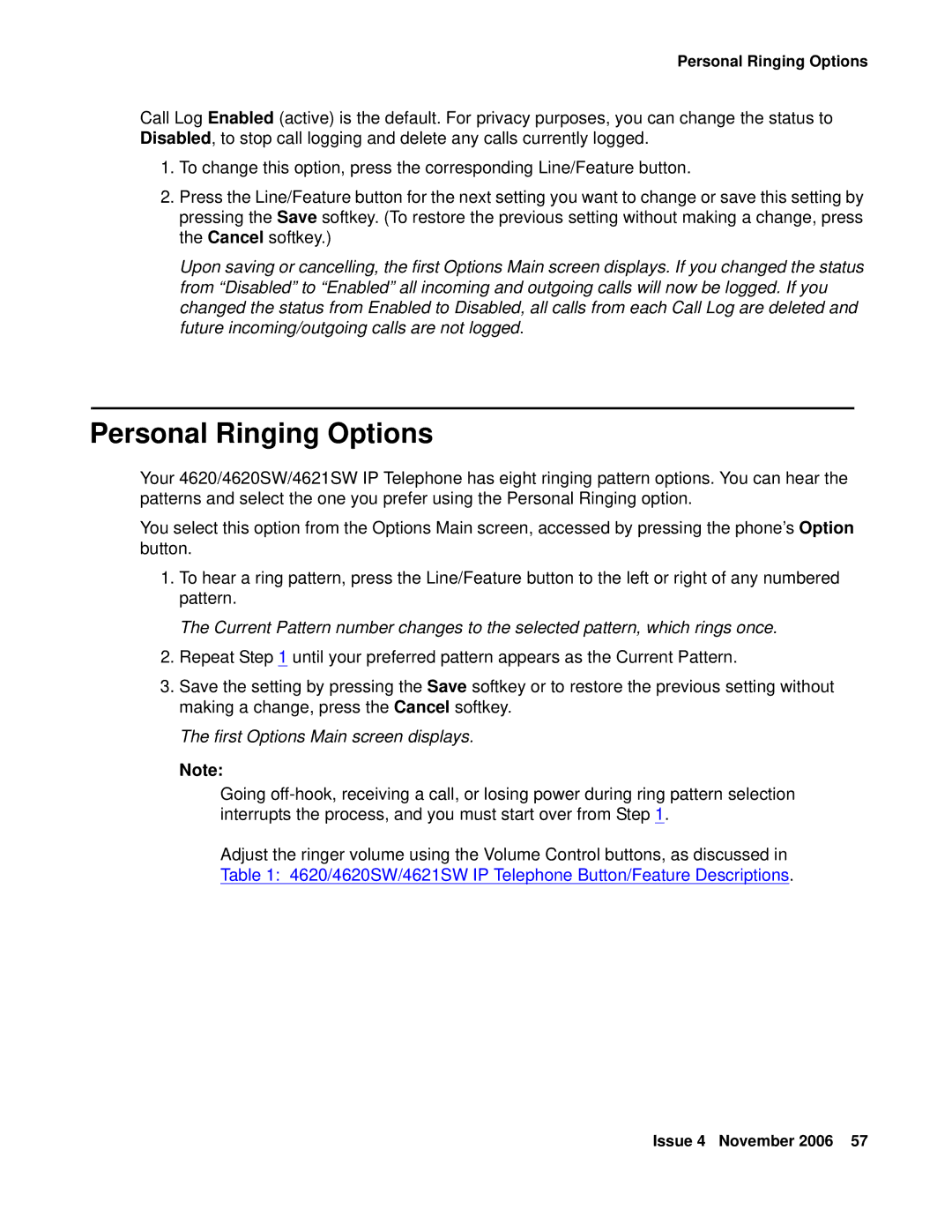 Avaya 555-233-781 manual Personal Ringing Options, First Options Main screen displays 