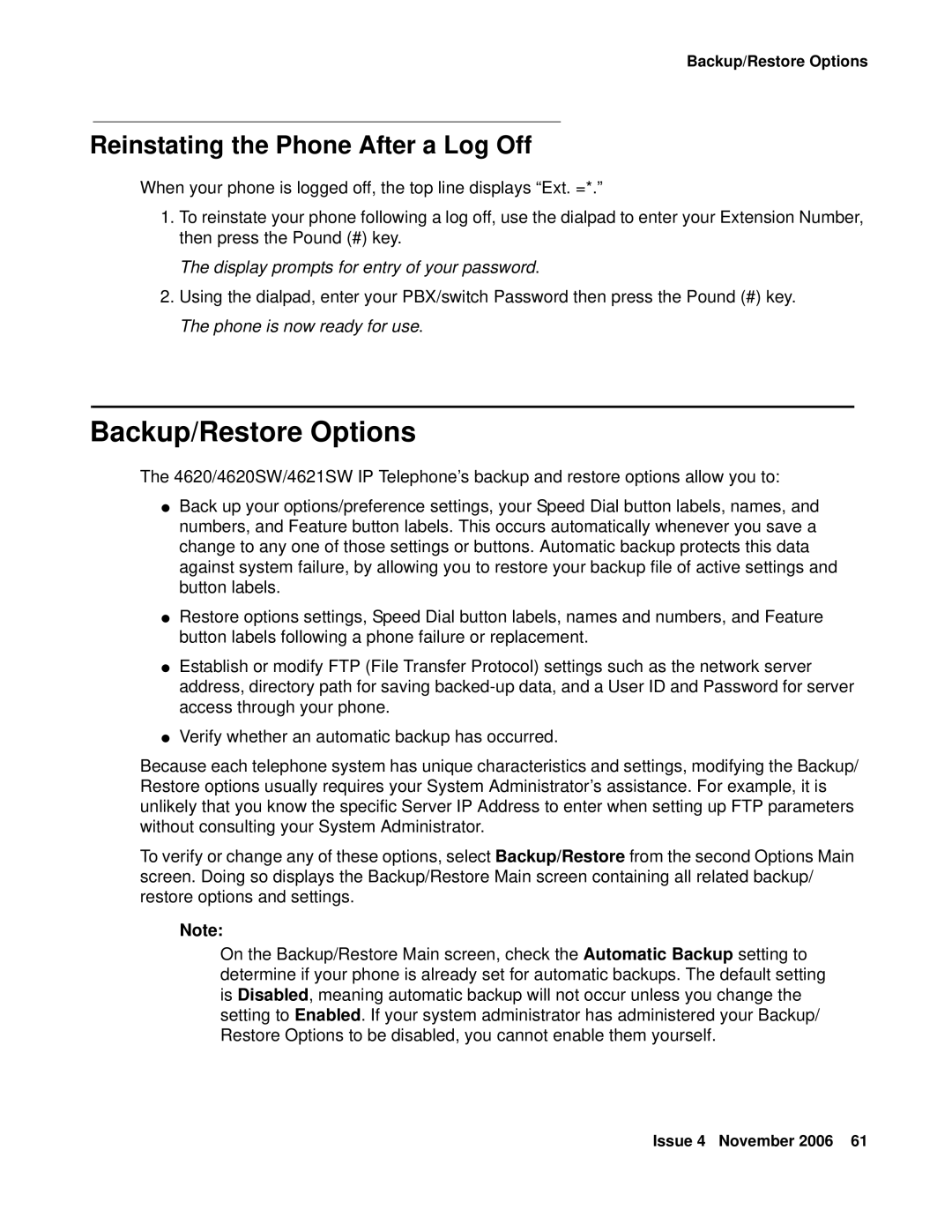 Avaya 555-233-781 manual Backup/Restore Options, Reinstating the Phone After a Log Off 