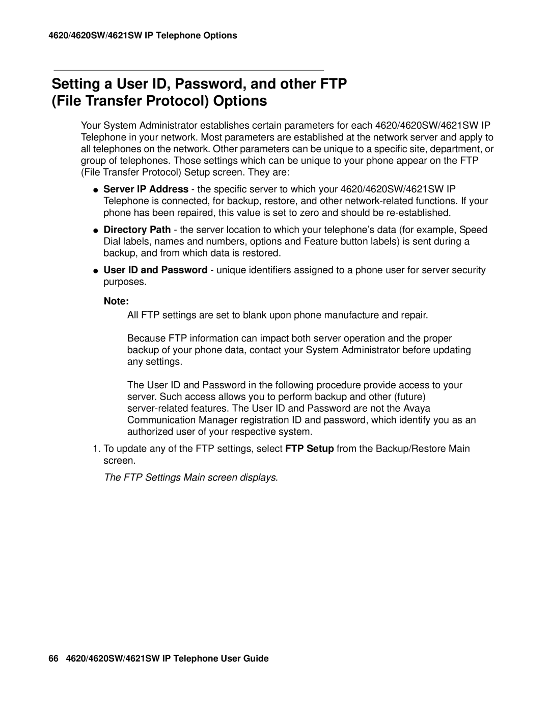 Avaya 555-233-781 manual FTP Settings Main screen displays 