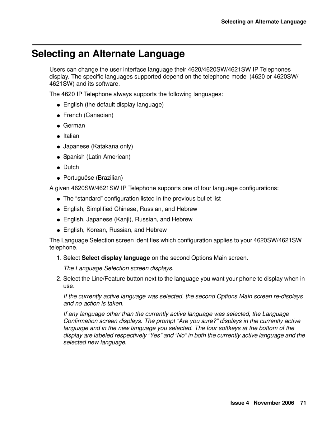 Avaya 555-233-781 manual Selecting an Alternate Language 