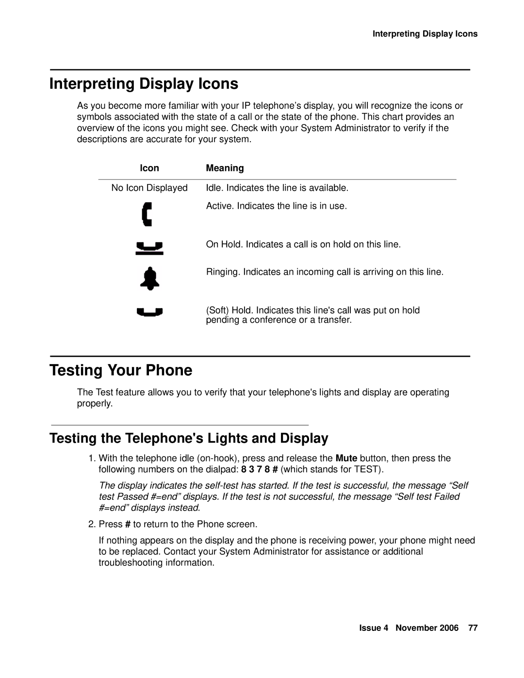 Avaya 555-233-781 Interpreting Display Icons, Testing Your Phone, Testing the Telephones Lights and Display, Icon Meaning 