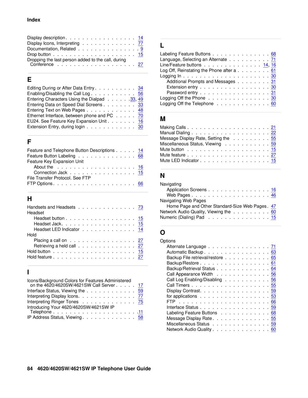 Avaya 555-233-781 manual 84 4620/4620SW/4621SW IP Telephone User Guide 