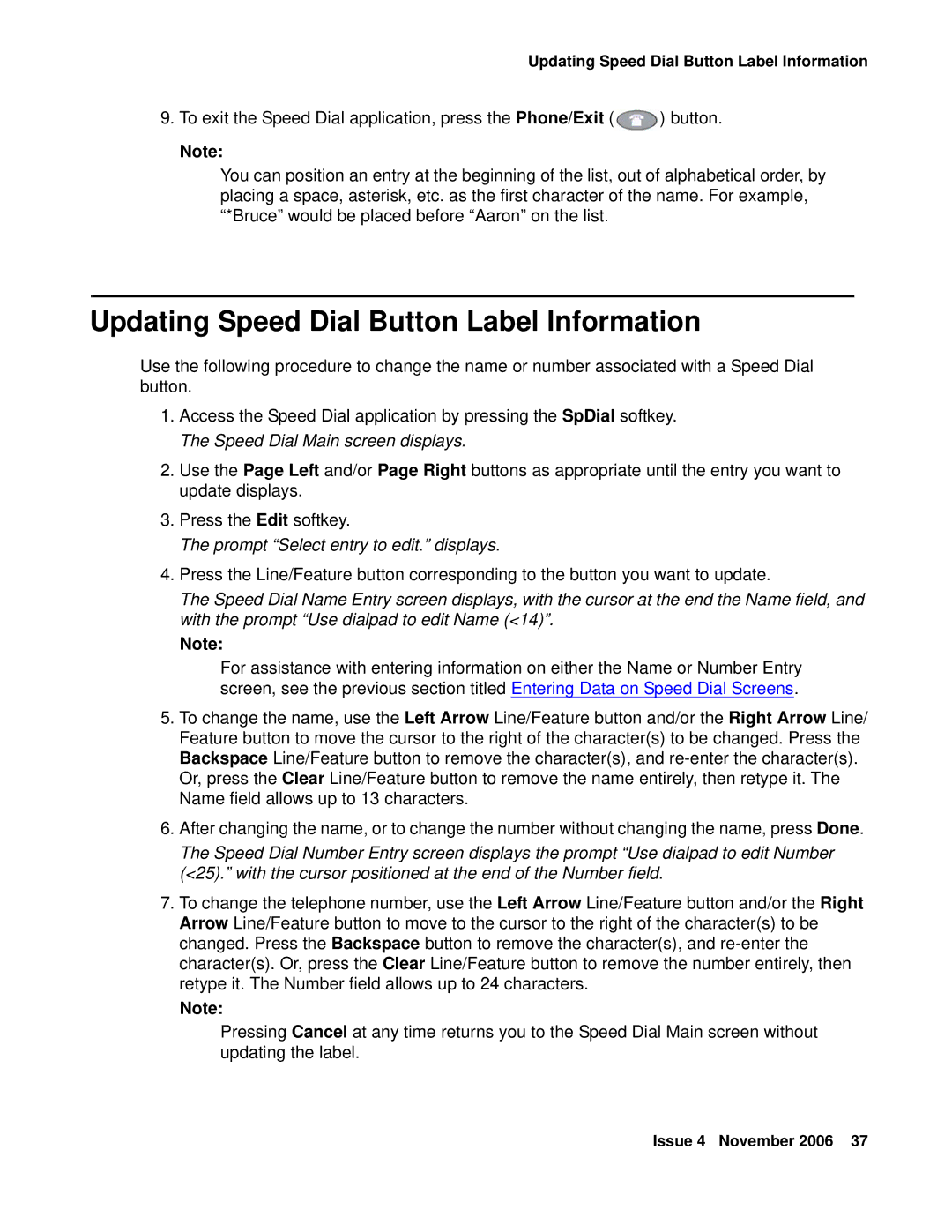 Avaya 555-233-784 manual Updating Speed Dial Button Label Information, Prompt Select entry to edit. displays 