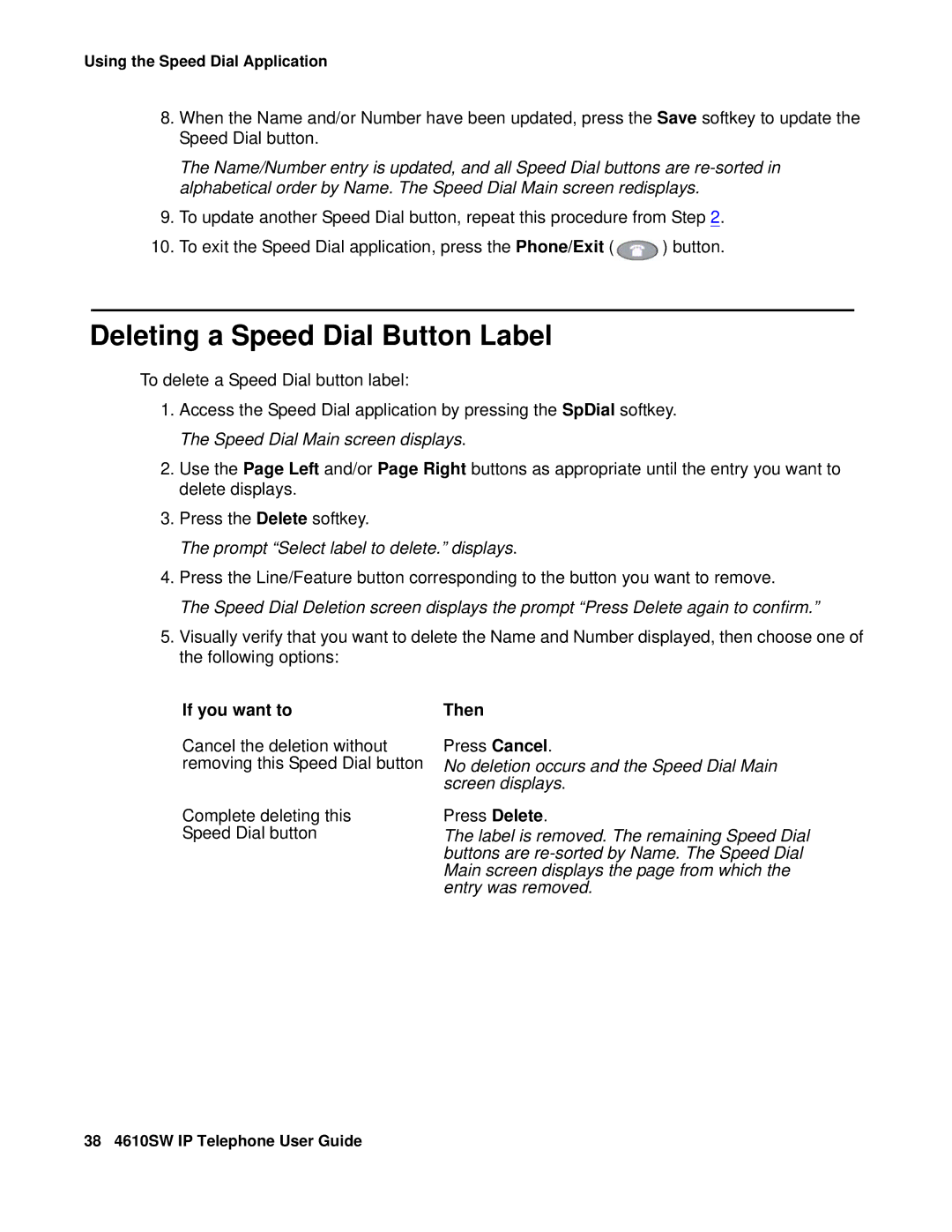 Avaya 555-233-784 manual Deleting a Speed Dial Button Label, Prompt Select label to delete. displays, If you want to, Then 