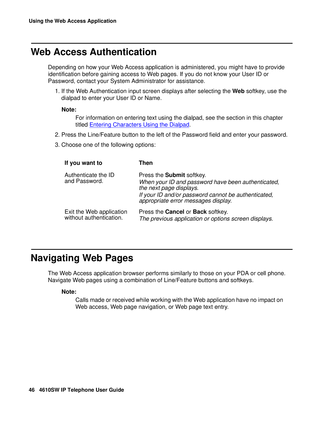 Avaya 555-233-784 manual Web Access Authentication, Navigating Web Pages, Previous application or options screen displays 