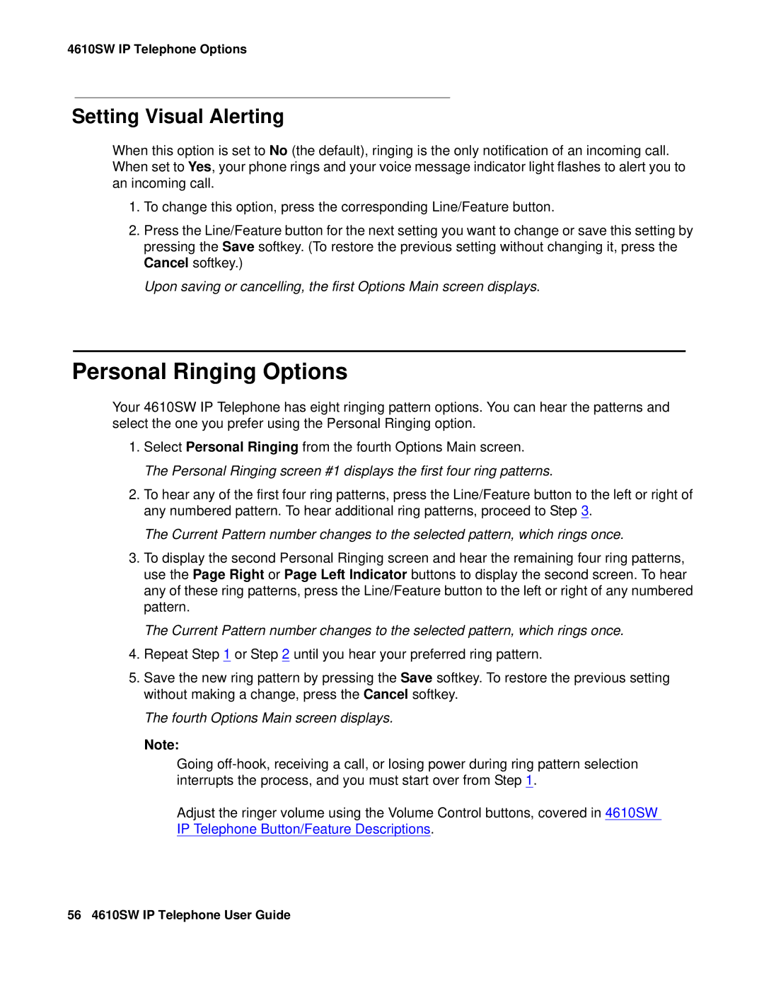 Avaya 555-233-784 manual Personal Ringing Options, Setting Visual Alerting, Fourth Options Main screen displays 