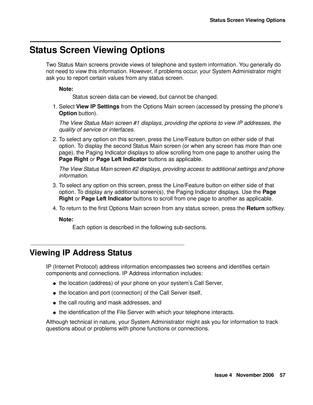 Avaya 555-233-784 manual Status Screen Viewing Options, Viewing IP Address Status 