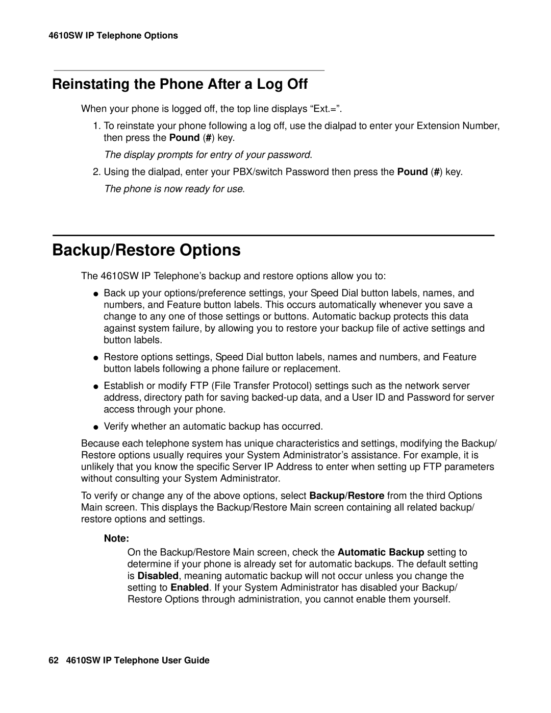 Avaya 555-233-784 manual Backup/Restore Options, Reinstating the Phone After a Log Off 