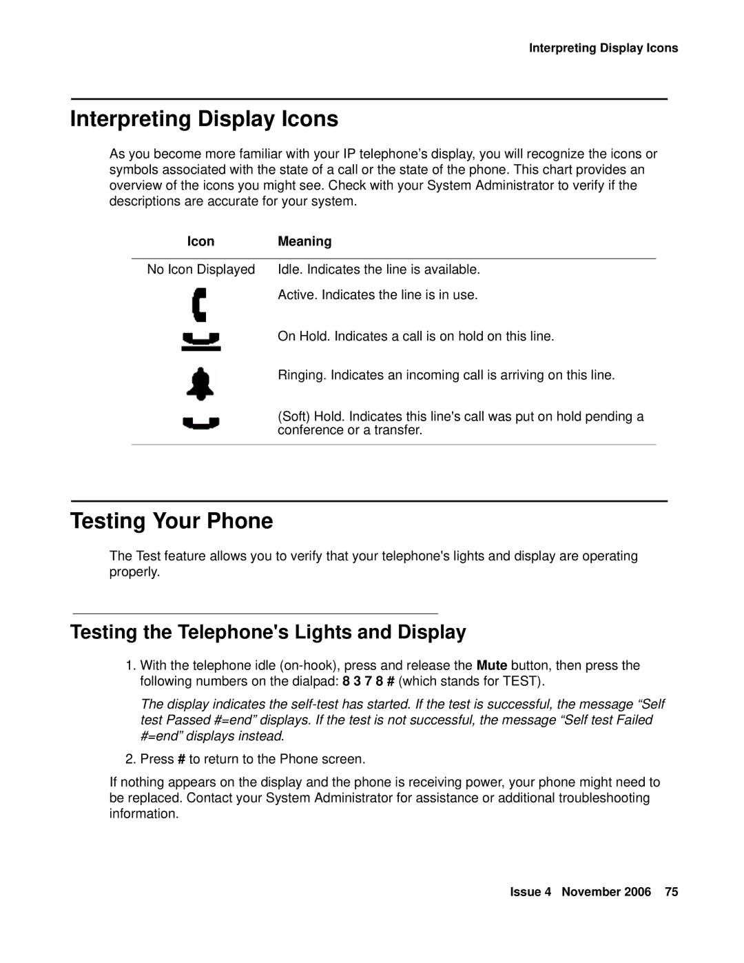 Avaya 555-233-784 Interpreting Display Icons, Testing Your Phone, Testing the Telephones Lights and Display, Icon Meaning 