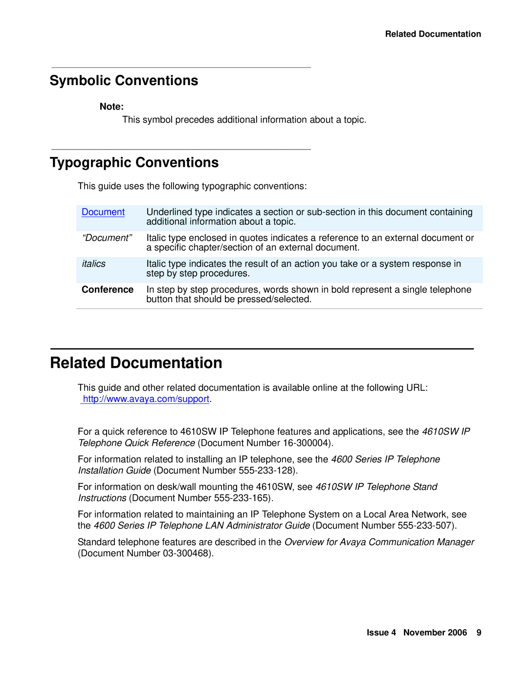 Avaya 555-233-784 manual Related Documentation, Symbolic Conventions, Typographic Conventions, Conference 