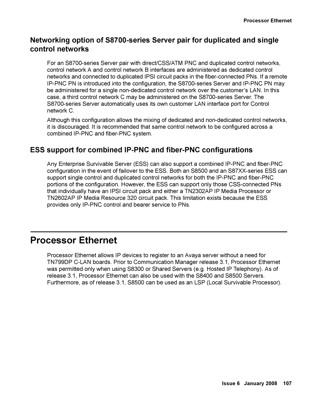 Avaya 555-245-600 manual Processor Ethernet, ESS support for combined IP-PNC and fiber-PNC configurations 