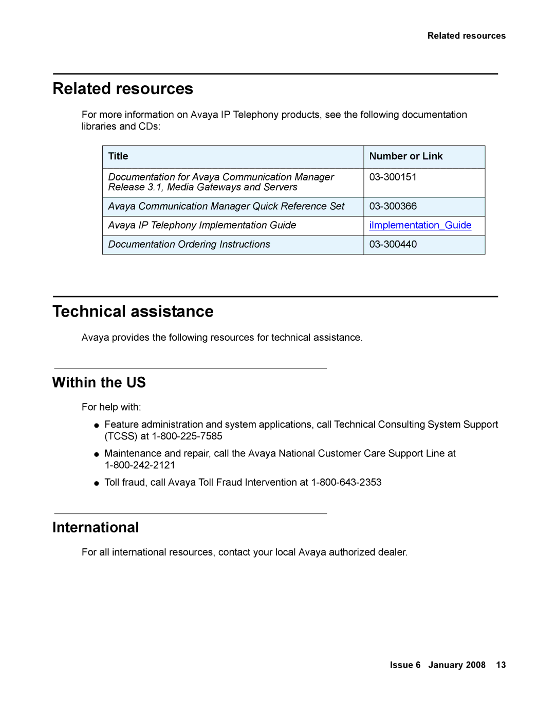 Avaya 555-245-600 manual Related resources, Technical assistance, Within the US, International 