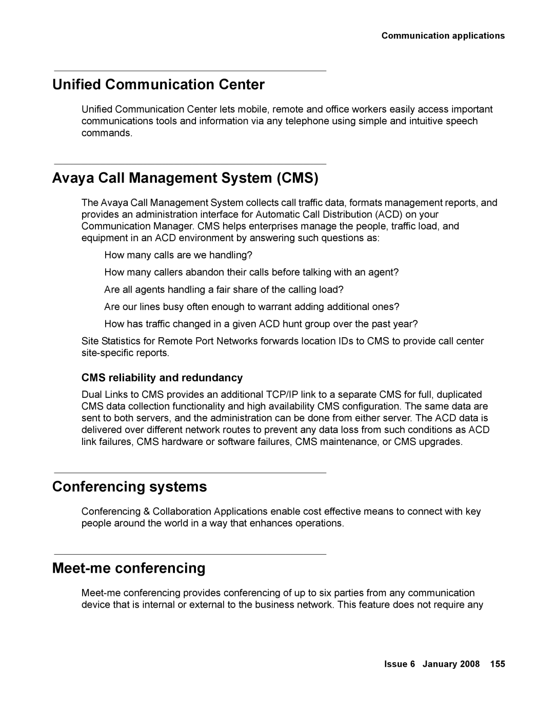 Avaya 555-245-600 manual Unified Communication Center, Avaya Call Management System CMS, Conferencing systems 