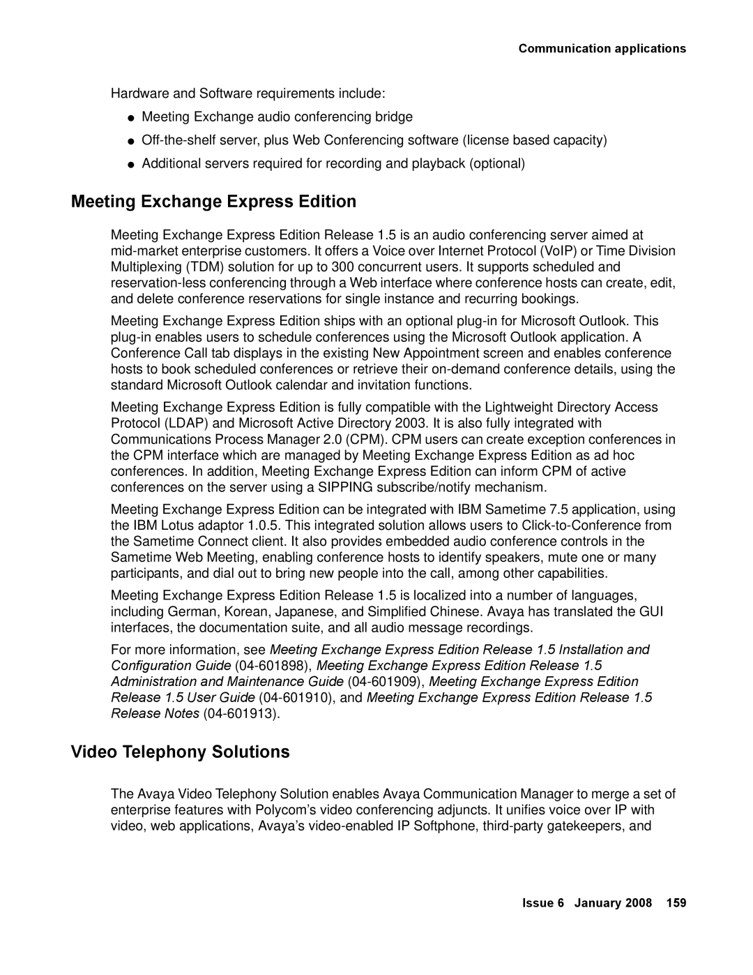 Avaya 555-245-600 manual Meeting Exchange Express Edition, Video Telephony Solutions 