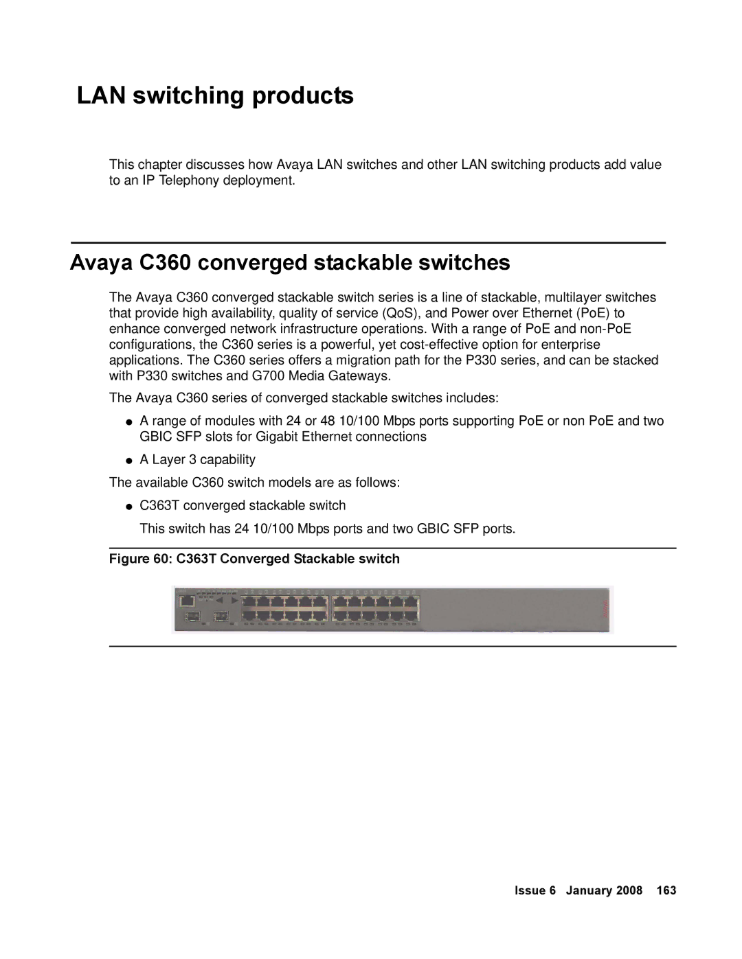 Avaya 555-245-600 manual Avaya C360 converged stackable switches, C363T Converged Stackable switch 