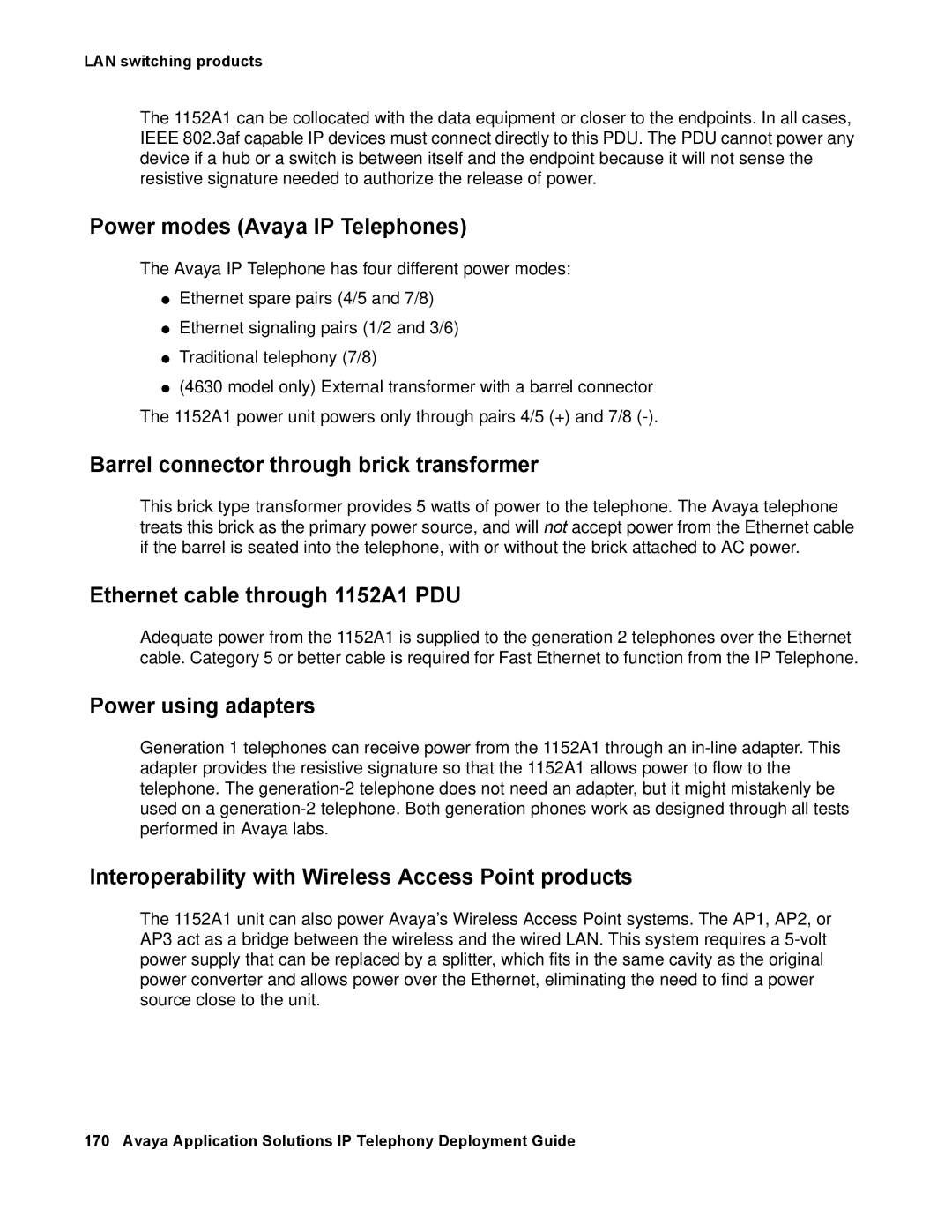 Avaya 555-245-600 manual Power modes Avaya IP Telephones, Barrel connector through brick transformer, Power using adapters 