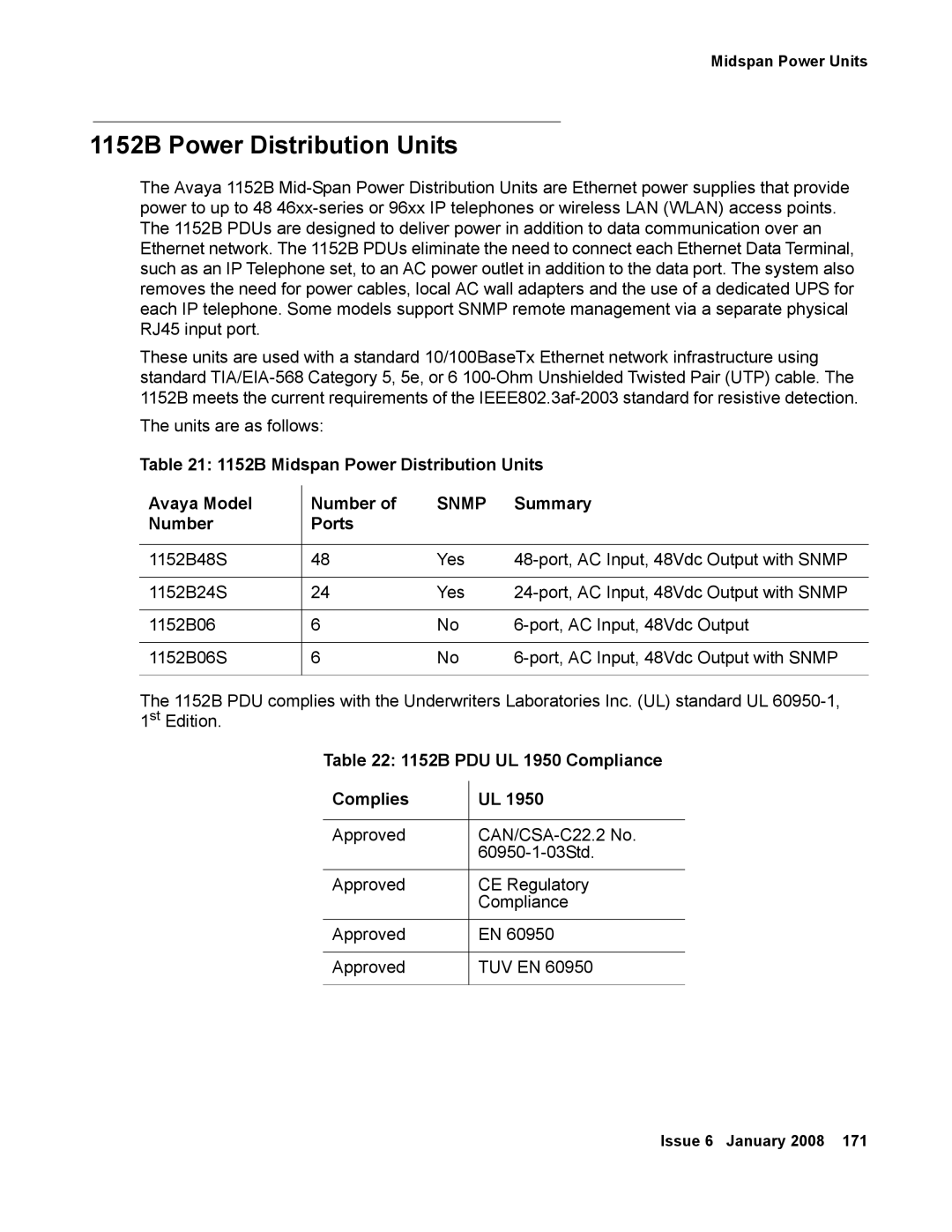 Avaya 555-245-600 manual 1152B Power Distribution Units, 1152B Midspan Power Distribution Units Avaya Model Number, Summary 