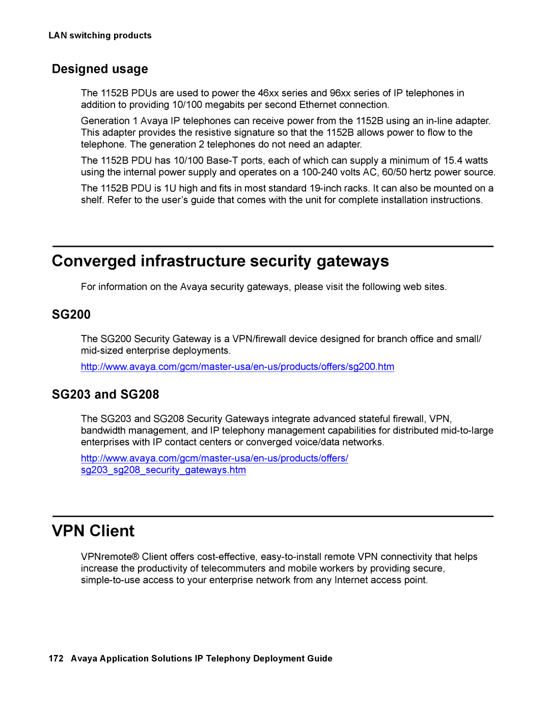 Avaya 555-245-600 manual Converged infrastructure security gateways, VPN Client, SG200, SG203 and SG208 