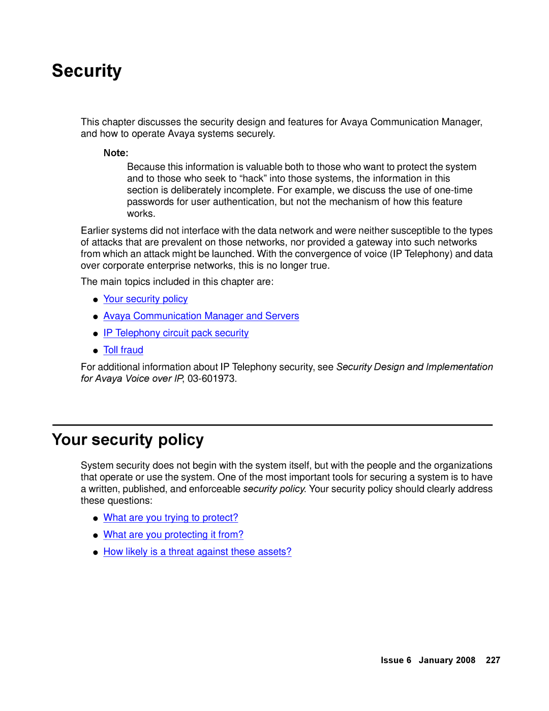 Avaya 555-245-600 manual Security, Your security policy 