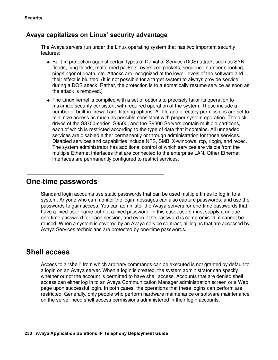 Avaya 555-245-600 manual One-time passwords, Shell access, Avaya capitalizes on Linux’ security advantage 