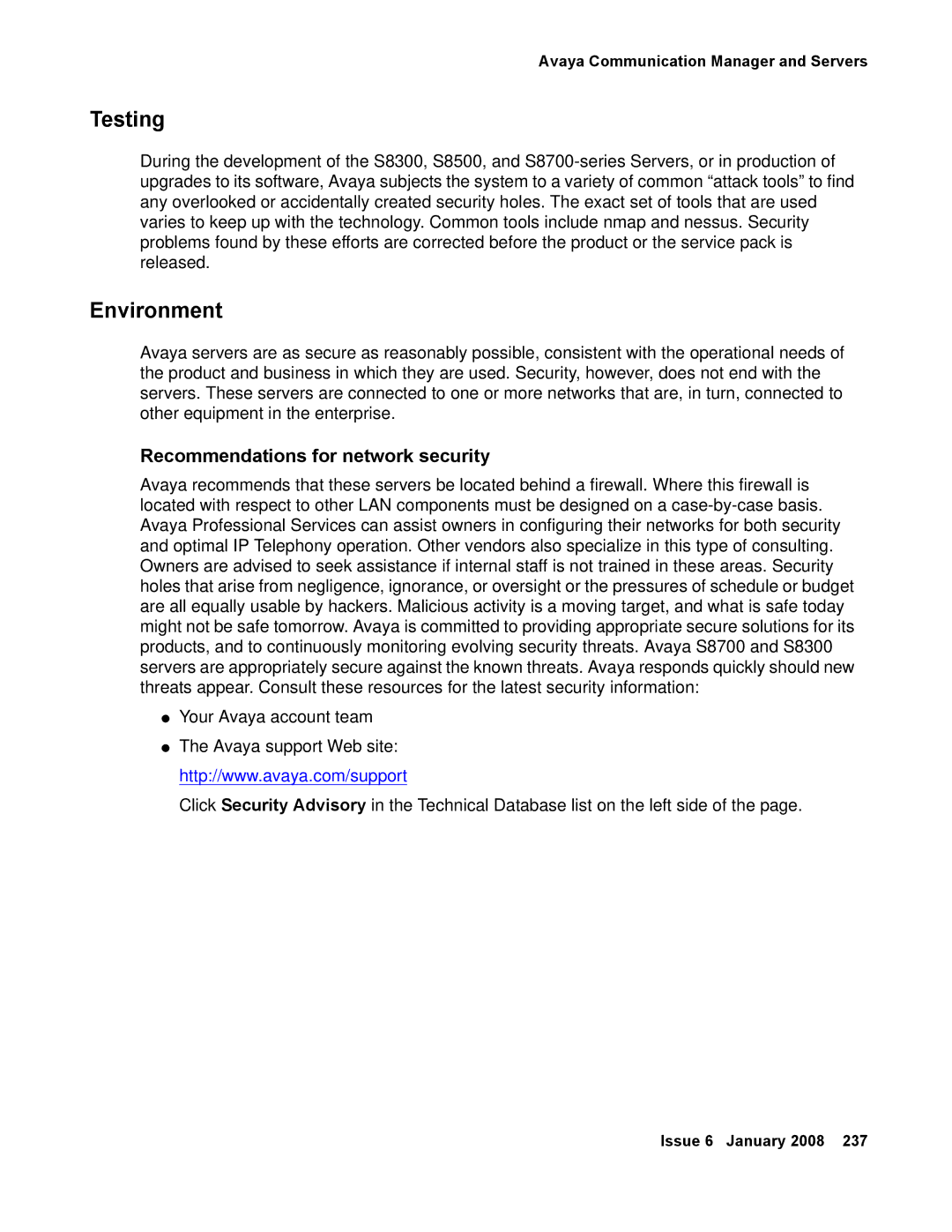 Avaya 555-245-600 manual Testing, Environment, Recommendations for network security 