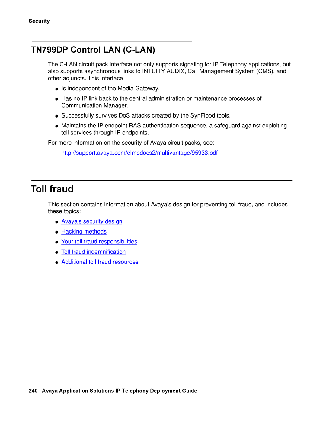 Avaya 555-245-600 manual Toll fraud, TN799DP Control LAN C-LAN 