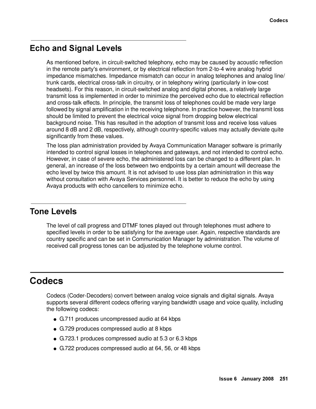 Avaya 555-245-600 manual Codecs, Echo and Signal Levels, Tone Levels 