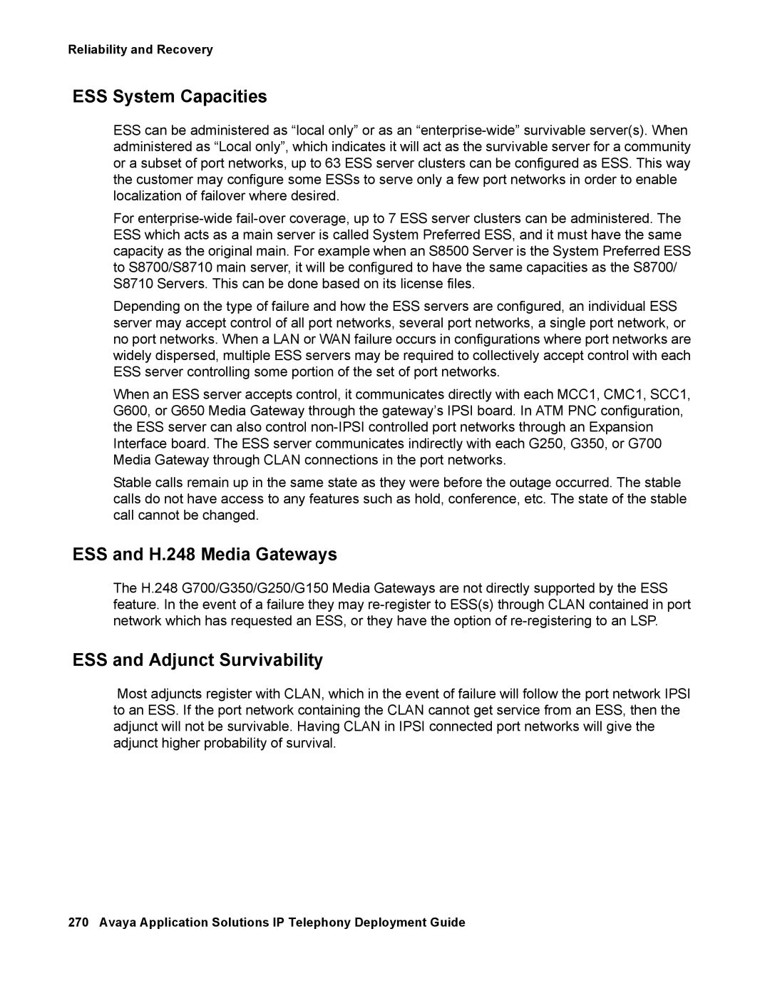 Avaya 555-245-600 manual ESS System Capacities, ESS and H.248 Media Gateways, ESS and Adjunct Survivability 