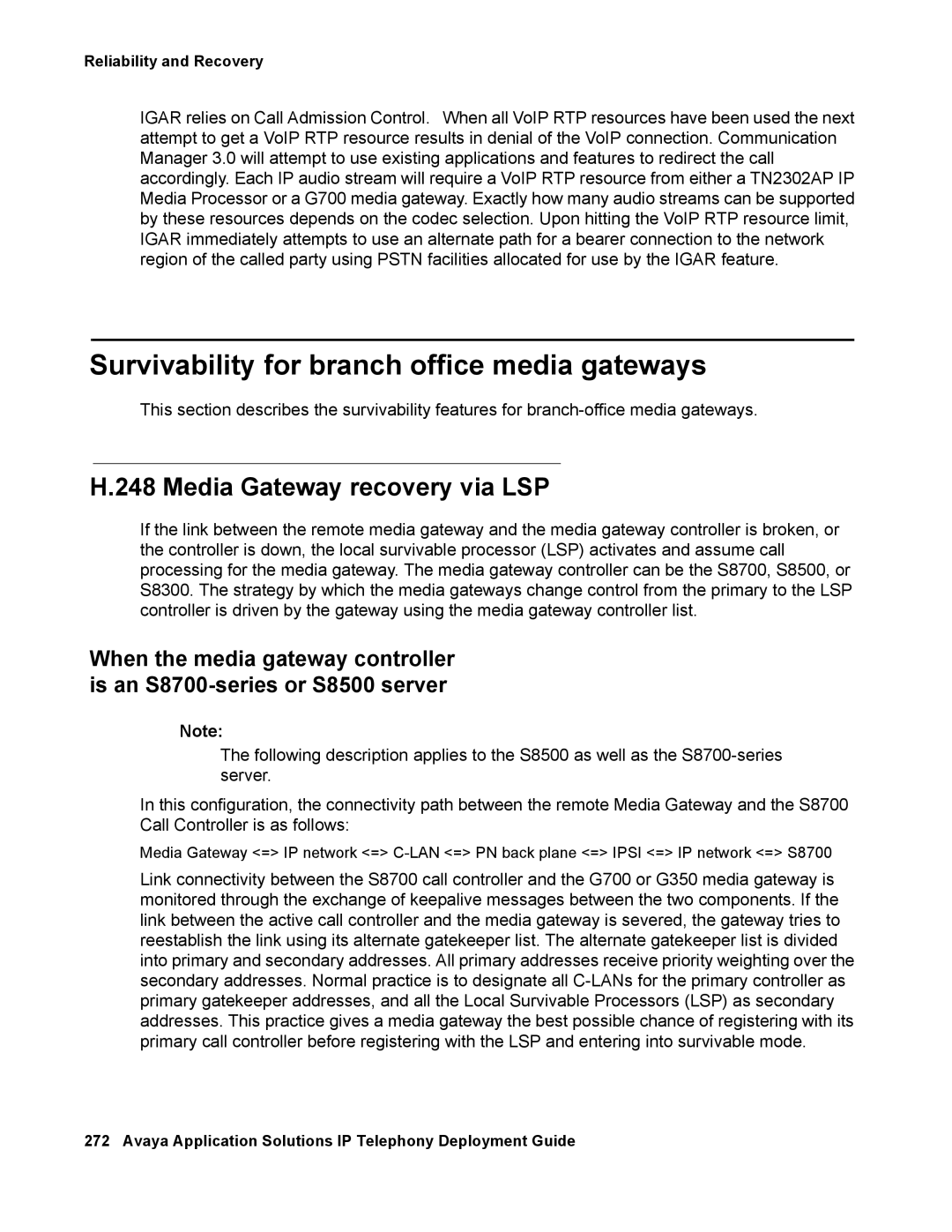 Avaya 555-245-600 manual Survivability for branch office media gateways, Media Gateway recovery via LSP 