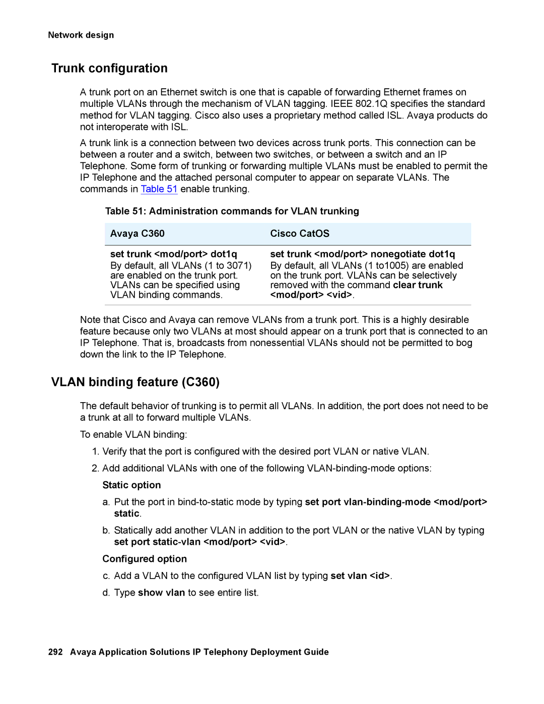 Avaya 555-245-600 manual Trunk configuration, Vlan binding feature C360, Mod/port vid, Static option, Configured option 