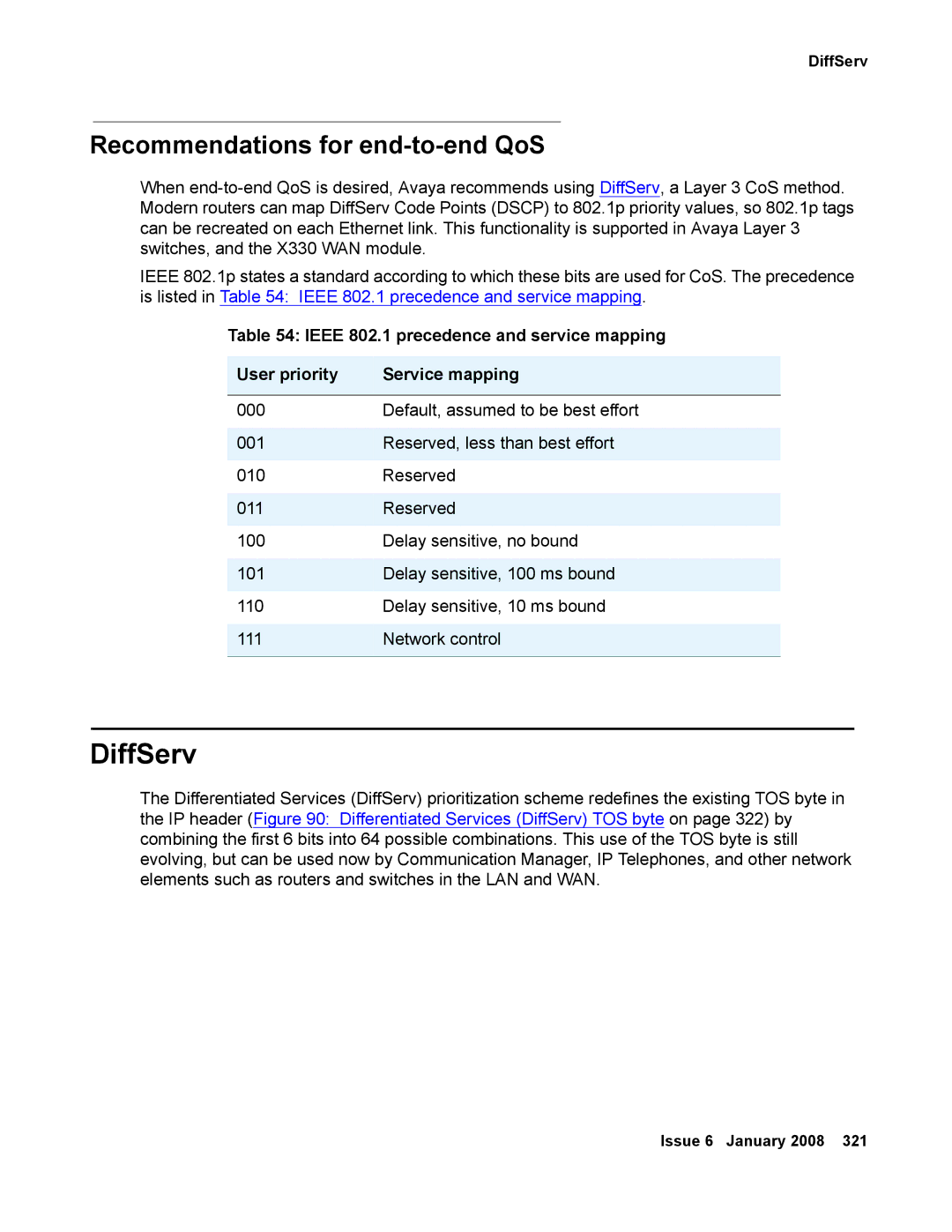 Avaya 555-245-600 manual DiffServ, Recommendations for end-to-end QoS 