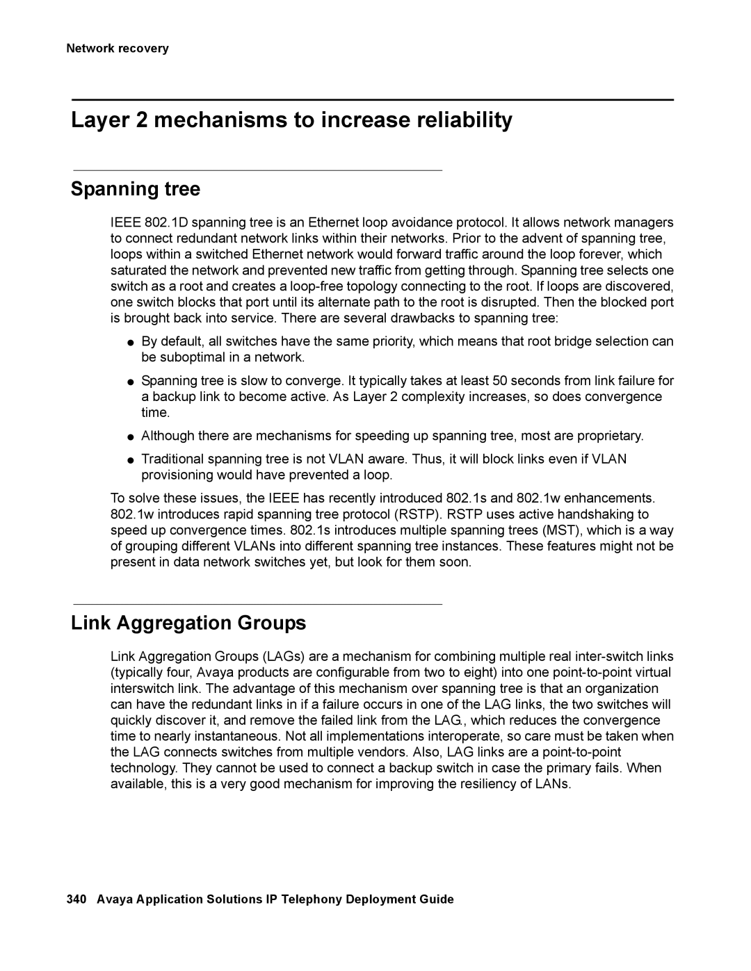 Avaya 555-245-600 manual Layer 2 mechanisms to increase reliability, Spanning tree, Link Aggregation Groups 