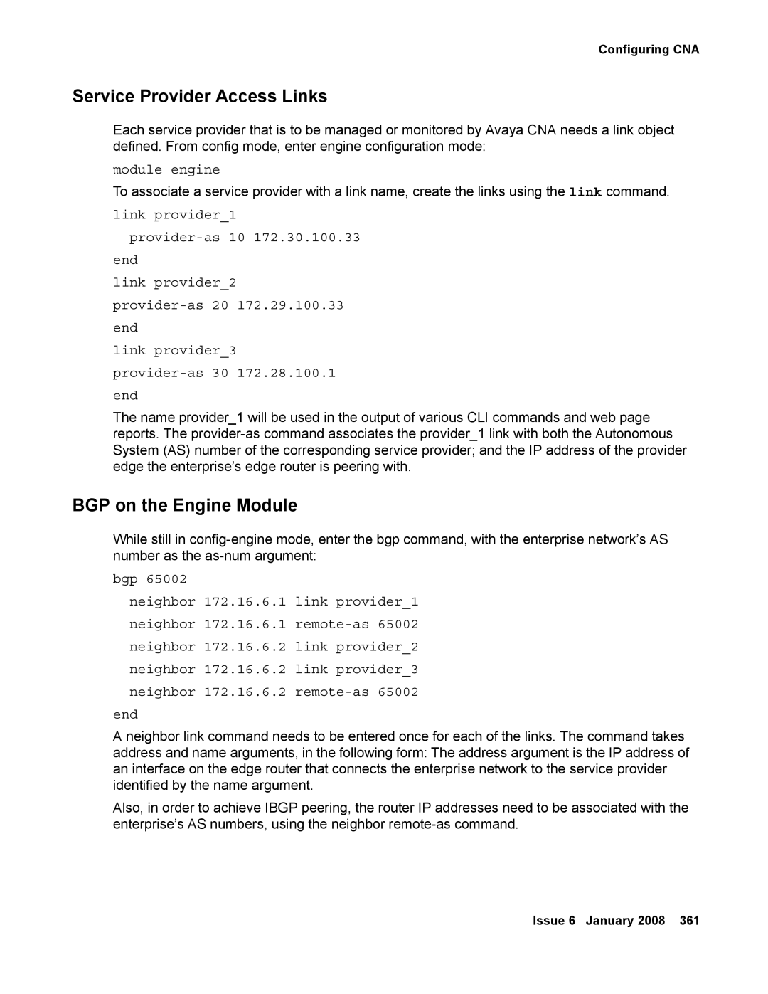 Avaya 555-245-600 manual Service Provider Access Links, BGP on the Engine Module 