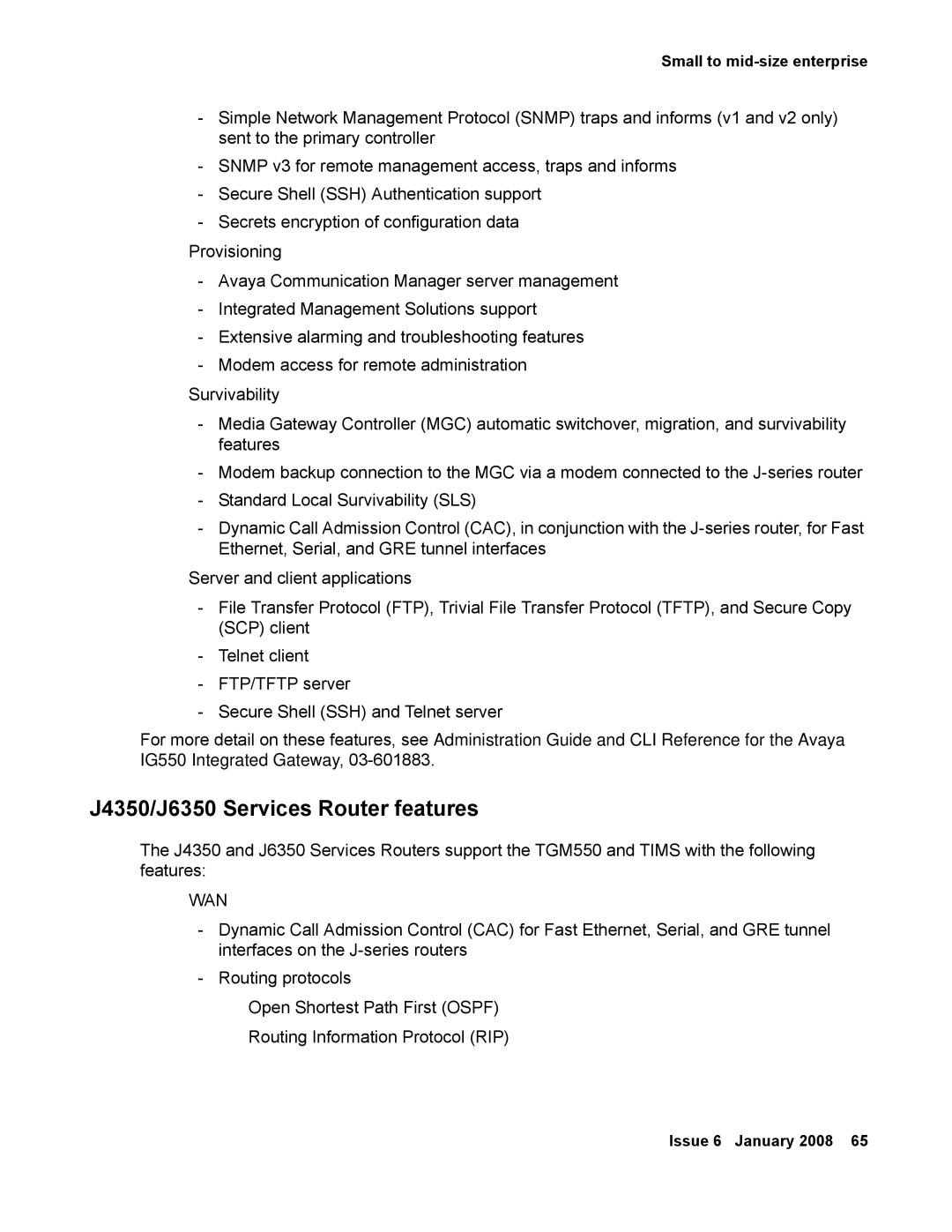 Avaya 555-245-600 manual J4350/J6350 Services Router features 