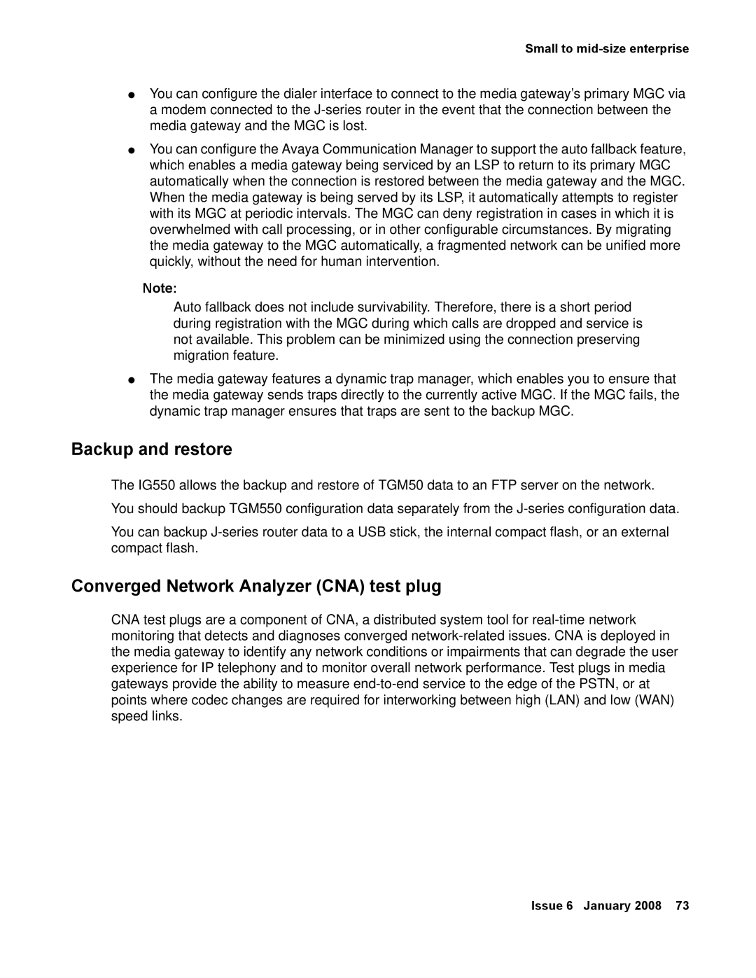 Avaya 555-245-600 manual Backup and restore, Converged Network Analyzer CNA test plug 