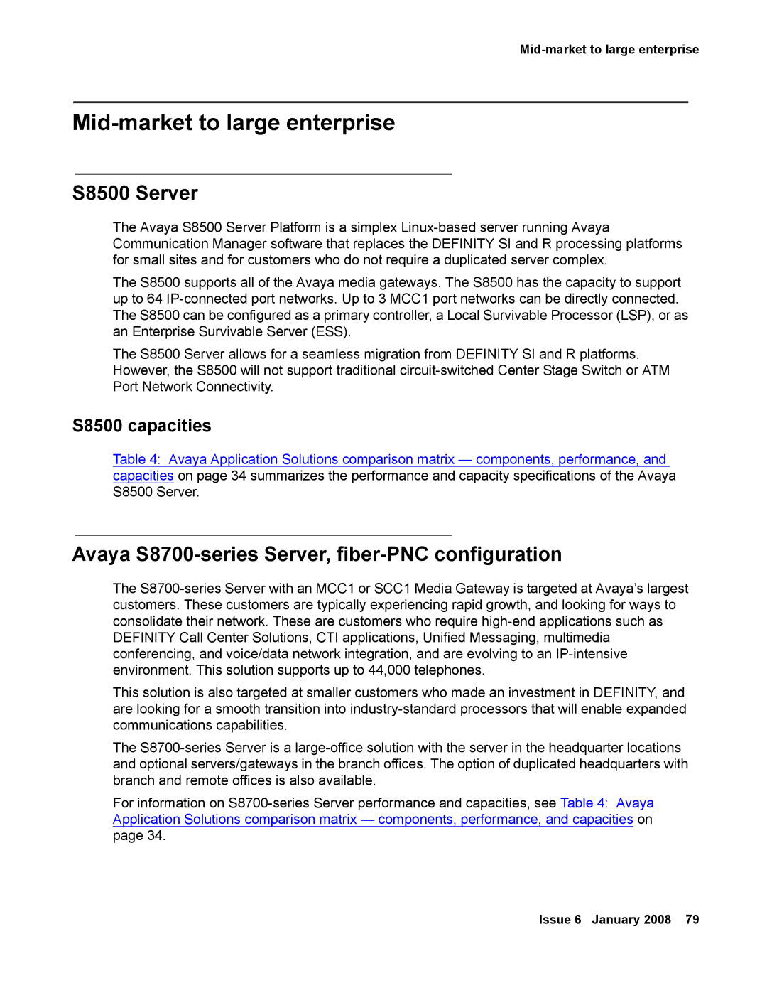 Avaya 555-245-600 manual Mid-market to large enterprise, S8500 Server, Avaya S8700-series Server, fiber-PNC configuration 