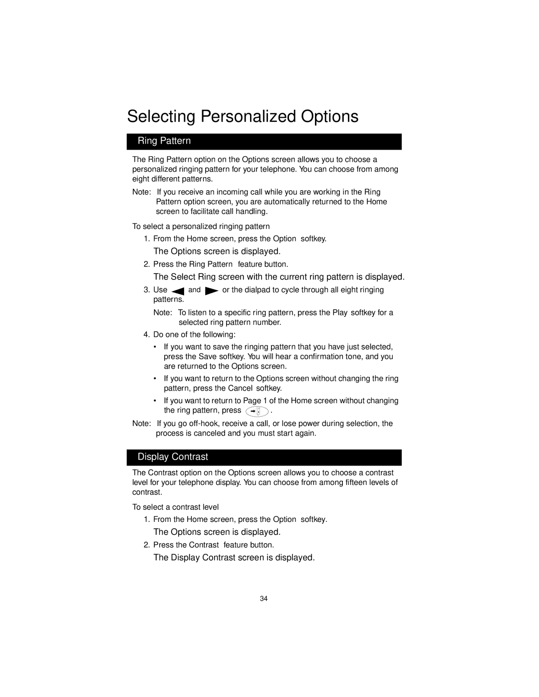 Avaya 555-250-701 manual Selecting Personalized Options, Ring Pattern, Display Contrast, Options screen is displayed 