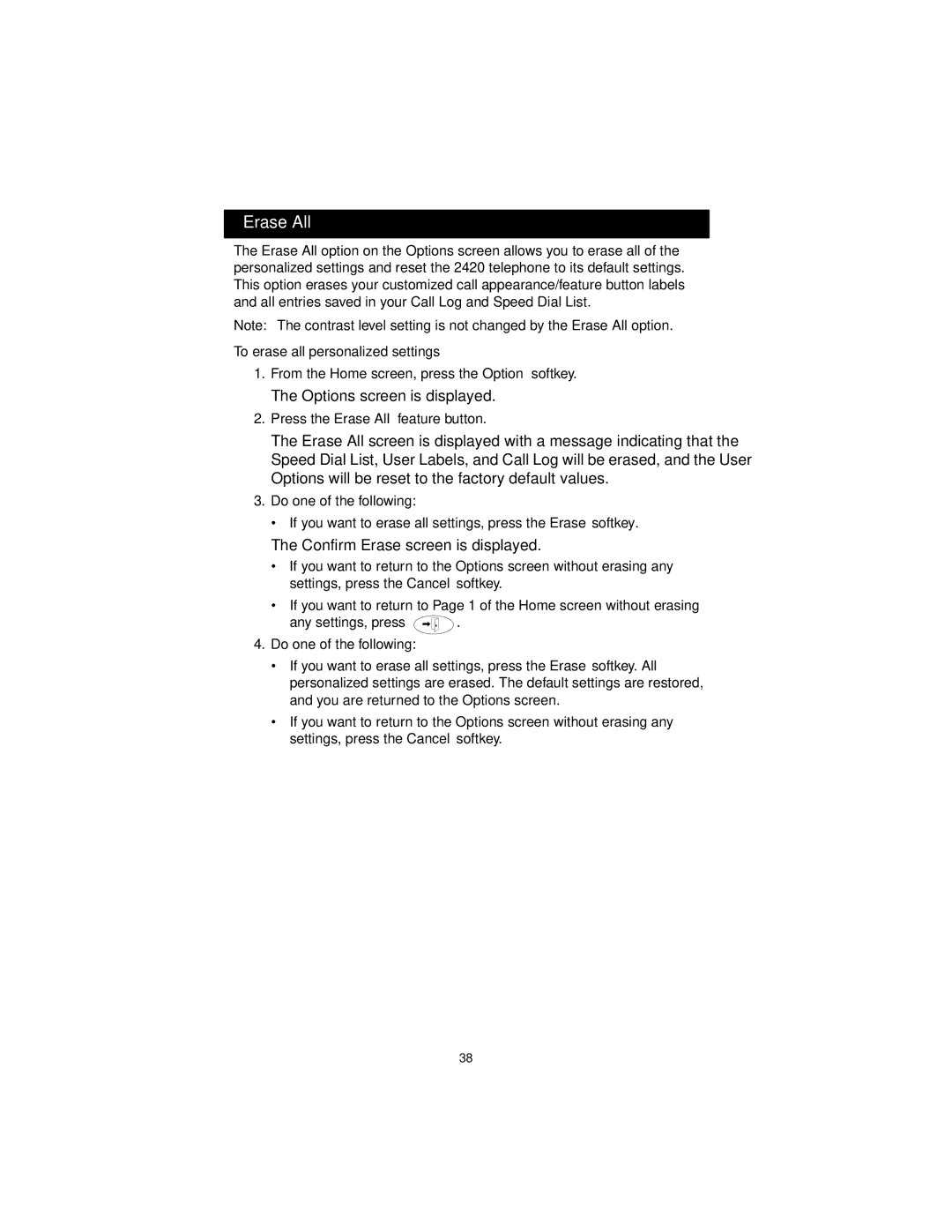 Avaya 555-250-701 manual Erase All, Confirm Erase screen is displayed, To erase all personalized settings 