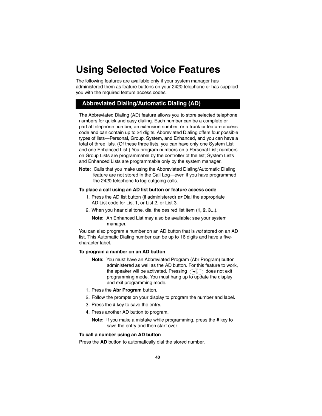 Avaya 555-250-701 manual Using Selected Voice Features, Abbreviated Dialing/Automatic Dialing AD 