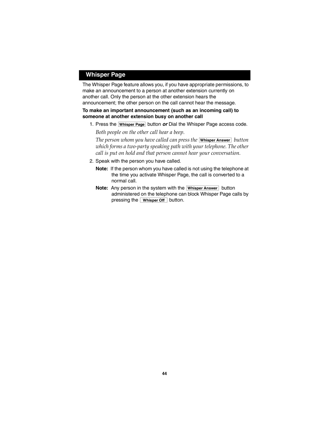 Avaya 555-250-701 manual Whisper, Both people on the other call hear a beep 